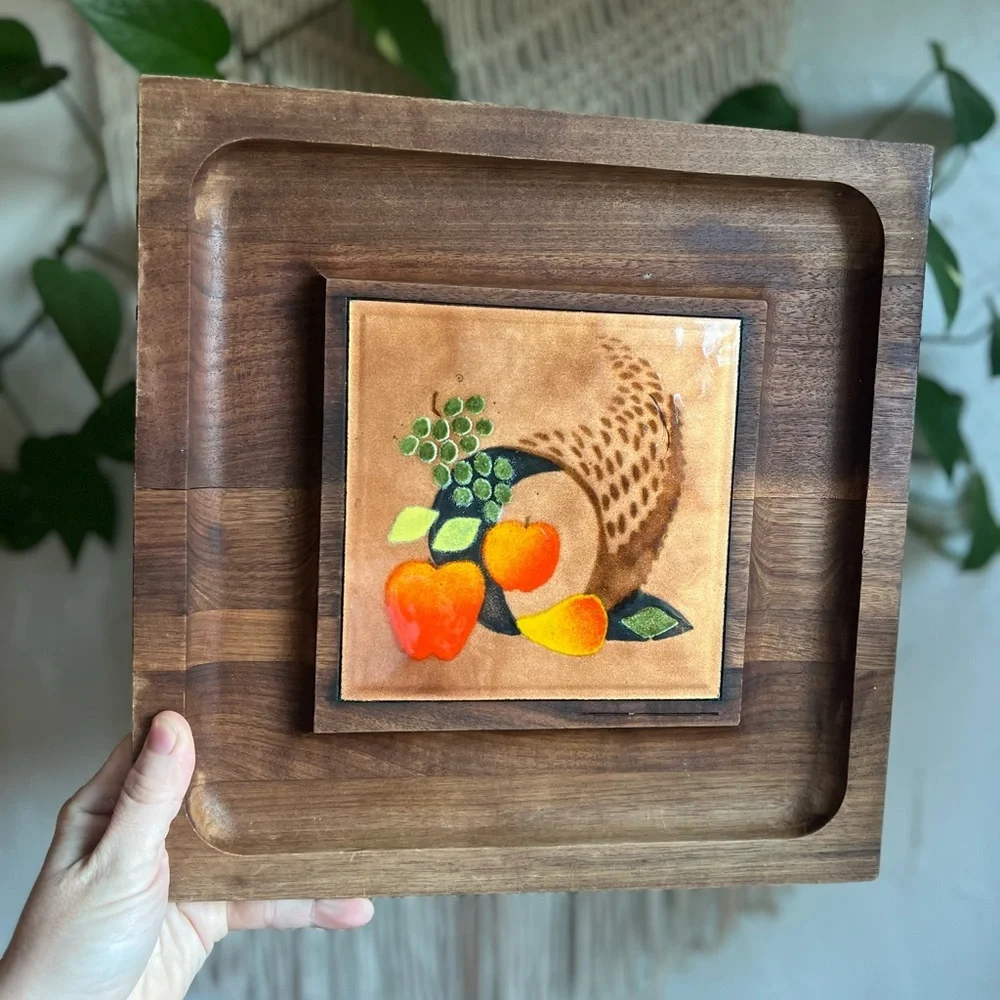 Vintage MCM Wood Serving Tray w Metal Inlay Cornucopia Harvest 12x12 Boho Decor
